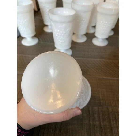 Vintage footed milk glass goblet cups with grapes and vine design - Picture 8 of 12